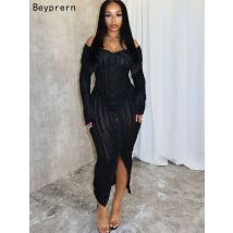 Beyprern Schickes, plissiertes Midikleid für Damen, schulterfrei, durchsichtig, tailliert, gerüscht, Partykleid, Nachtclub-Outfits, Clubwear