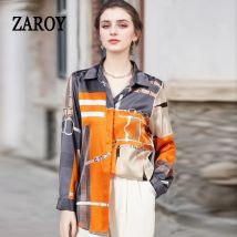 ZAROY Plus Größe S-3XL Luxus Frauen Shirts Frühling Sommer Langarm Mode Druck Satin Blusen Elegante Revers Taste OL Tops