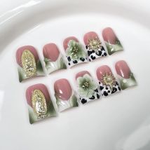 10pcs Duckbill Shaped Handmade Press on Nails Green French Fake Nails Flower False Nails Wearable Nail 네일팁 Накладные Ногти Uñas