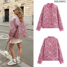 Damen 2024, neue Mode, trendiger Rundhalsausschnitt, lange Ärmel, Blumendruck, gesteppte Baumwolljacke für Damen