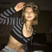 Karrram trashy y2k Crop Top japanische 1920er Jahre Stil gestreifte lang ärmel ige T-Shirt Vintage Harajuku High Street Tops American Retro