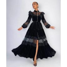 Schwarzes Samt Patchwork elegantes Kleid Frauen Langarm Abend Party Kleider Bodycon Knopf Streetwear aushöhlen Vestidos