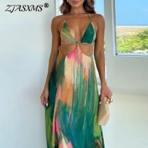 Frau 2025, modisch, bunt, bedruckt, lange Kleider, Frühling, sexy Neckholder, hoch tailliertes Partykleid, Sommer, rückenfrei, zum Binden, böhmisches Kleid