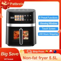 Patbrela Freidora de aire de 5,5 L Horno caliente eléctrico 8 en 1 con pantalla LED digital Ventana visible Máx 200 ° C 1350W Nueva freidora negra sin grasa