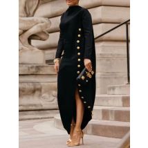 Lemongor Urban Female Autumn Shawl Collar Evening Maxi Dresses 2025 New Fashion Buttoned Split-Side Long Sleeves Office Dress