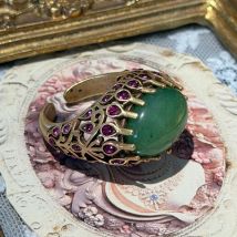 Vintage Oval Jadeite Red Agate Jewelry Ring For Women Natural Stone Antique Gold Plated Rhinestone Designer Luxury High Quality