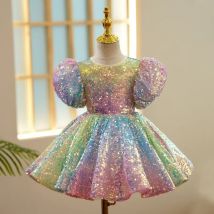 Sequin Ombre Girl Dress Pastel Sparkles Shimmers Puffy Sleeves Sequin Dress Girls Birthday Party Clothes