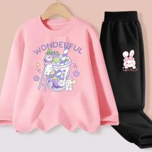 Niedliches Kaninchen-Milch-Tee-Outfit, Kleidung für Kinder, Cartoon-Langarm-T-Shirt, Hosen, Baby-Mädchen, Baumwollkostüm-Sets