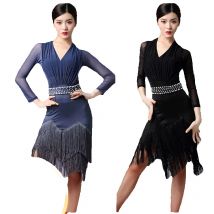 Fringe Latin Dance Dress Women Sexy Mesh Long Sleeve Performance Costume Tango Dancewear Salsa Clothing Samba Dresses  DL4403