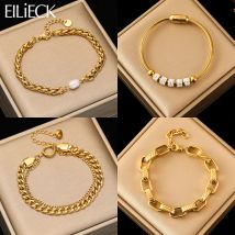 EILIECK 316L Edelstahl Perle Zirkon Perlen Armband Armreif Für Frauen Neue Trendy Gold Farbe Handgelenk Kette Schmuck Geschenk Bijoux