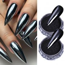 2pcs Black Magic Mirror Nail Glitter Pigment Y2K Cool Style Metal Chrome Rubbing Dust Shinning Gel Polish Powder Manicure Decor