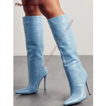 Herbst neue blaue Schlange Muster Damen stiefel spitzen Zehen Stiletto Slip-On High Heel Stiefel modische Temperament kniehohe Stiefel