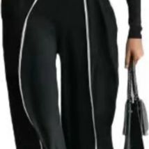 2025 New Elegant Stand Collar Contrasting Color Edging Waist-hugging Slim Long Sleeve Knitted Wide-leg Pants Two-piece Set Ropa