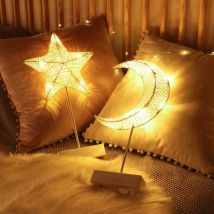 Battery Powered Star Moon Shaped Lamp, Bright LED Light Wrapped Iron Frame Christmas Family Bedroom Romantic Bedside Table Light