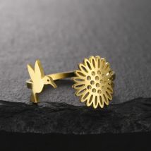 Offene Ringe mit Sonnenblumen-Kolibri für Damen, Edelstahl, goldfarben, verstellbare Ringe, Vogel-Blumen-Schmuck, Geschenke