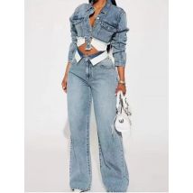 Streetwear Denim 2-teiliges Set Frauen Outfit Herbst Kleidung Frauen Langarm Jean Kurze Jacke Gerade Jeans Hose Sets Trainingsanzug