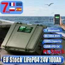 Akumulator litowo-żelazowo-fosforanowy (LiFePO4) PL Stock 24V 100Ah 200Ah 140Ah 12V, przenośny pakiet akumulatorów z USB PD 2560Wh, 6000+ cykli, Bluetooth BMS, akumulator litowy 25.6V