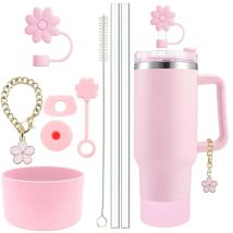 9-teiliges Becherzubehör für Stanley-Set, 3 auslaufsichere Stopper, 2 Strohhalme und Bürste und 1 Blumen-Charm-Kette, Blumen-Strohhalm-Abdeckung, Stiefel
