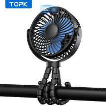 TOPK Kinderwagen-Ventilator, 5000 mAh, Mini-USB-wiederaufladbar, LED-Anzeige, 4 Geschwindigkeiten, 360 Rotation, leiser persönlicher Lüfter, Baby, Outdoor, Camping