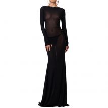 Frauen durchsichtiges, figur betontes, langes Kleid, einfarbiges Netz kleid, langärmliges, rücken freies Abend party kleid