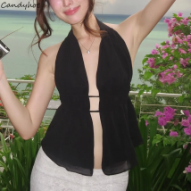 Candyhot Sexy Backless Y2K Bandage Crop Tops Sommer Mesh Perspektive Ärmellose Halter Camis Tank Tops Club Party Mode Top