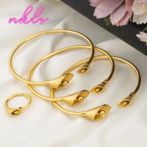 Trendy Stainless Steel Bangle with Ring Set for Ladies Women's Bracelet Pattern Design Light Luxury Gold Color Metal Bangle