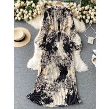 New Spring Retro Print Pleated Long Maxi  Dress Femininity Small Stand-up Collar Puff Sleeve Slim Holiday Dress C293
