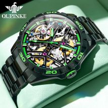 OUPINKE 3196 Vollautomatische mechanische Uhr Herren Edelstahl Wasserdicht Grünes Nachtlicht High-End-Armbanduhr Mann