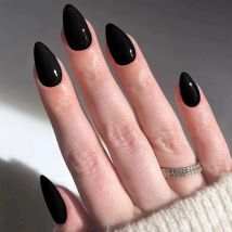 24 Pcs Artificial False Nails Realistic Fake Nails with Tools Nail Art 2024 Medium Short Almond Black Press on Nails for Gluing