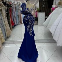 Abito da sera in raso blu royal Abiti da ballo a sirena Lunghi personalizzati 2025 Eleganti perline Cristalli Abito da festa Robes De Soiree