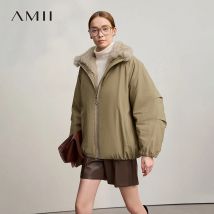 AMII Damenjacke 2025, Winter, neue lockere mittlere und lange Pelzkragen, lange Ärmel, Reißverschluss, lässige warme Parkas-Jacke für Damen 12544100