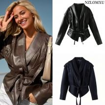 Damen-High-Street-Lederjacke, 2024, Herbst und Winter, vielseitig, braun, lange Ärmel, V-Ausschnitt, Schnürmäntel, lässige weibliche Oberbekleidung