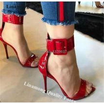 Linamong Big Buckles Decorated Thin Heel Sandals Sexy Pointed Open Toe Red Black Patent Leather Ankle Strap Stiletto Heel Shoes