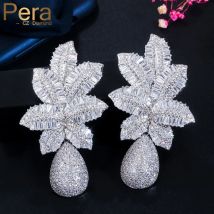 Pera wunderschöne weiße Zirkonia Silber Farbe große Blatt Wasser tropfen Hochzeits feier baumeln Ohrringe für Bräute Schmuck Geschenk e606