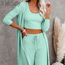 Frauen lässig einfarbig ärmelloses Rundhals-Tanktop und elastische Hose mit weitem Bein und Strickjacke 3 stücke Set