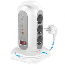 Multipresa a torre 15 in 1 2500 W, 9 prese, 6 porte di ricarica USB, spina di espansione cavo di prolunga retrattile da 1,8 metri