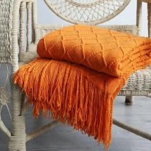 Orange gestrickte Überwurfdecke für Bett mit Quaste, grau, blau, einfarbig, strukturiert, kariert, Sofabezug, nordisches Bettdeckendekor, weiche Nickerchendecke