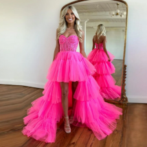 Schöne rosa rosa Abschluss ball Party kleider mit ärmellosen hohen niedrigen formellen Anlass Kleid Tüll Zug Schatz lange Abendkleider