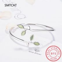 925 Sterling Silver Enamel Green Olive branch Leaves Open Cuff Bracelets & Bangles For Women Fashion Jewelry