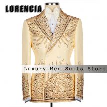 Abiti da uomo in cristallo glitterato 2 pezzi Smoking scintillanti per la festa nuziale Pantaloni blazer personalizzati fatos de homem Abbigliamento da uomo