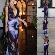 Moda Sexy senza maniche con scollo a V a vita alta Halter Party Cocktail Maxi Dress donna elegante stampa corsetto abito da sera