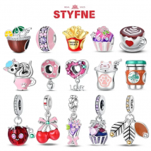 Sterling Silver 925 Pink Cat Cake Donut Charm Coffee Cocktail Fit Original Bracelet Fine Jewelry Gift for Women Making