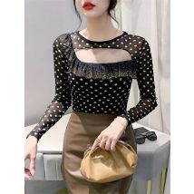 2025 Spring European Clothes Polka Dot Hollow Out T-Shirt Women Chic Sexy Print Patchwork Ruffles Diamonds Tops Long Sleeve Tees