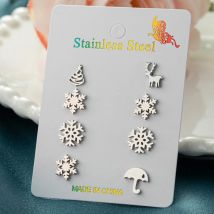 4Pairs/lot Fashion Cute Deer Christmas Earrings Stainless Steel Snowflake Stud Earring for Women Xmas Tree Earings New Year Gift