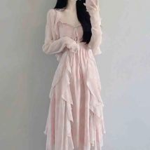 Frühling Herbst neue süße Mädchen Riemen Kleid Set Frauen Kleidung dünnen Mantel ästhetische Mode Taille V-Ausschnitt Rüschen Rand Kleider Anzug