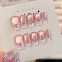 10Pcs Handmade Press on Nails Full Cover Shiny Cat Eye Butterfly Design Pink False Nails French Square Ballet Wearable Manicure