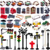 5PCS City Traffic Light Building Block MOC DIY Toy Assembly Street Lamp Furniture Seat Sofa Bed Telephone Bookcase Fish Tank K20