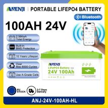ANENJI 24V 100Ah LiFePO4 Batteria Bluetooth 6000+ Cicli Grado A IP65 RV Solar Home Lithium Pack BMS integrato