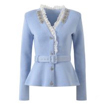 CHUJIE 2025 Autumn Winter New French Style Socialite Rhinestone Lace Patchwork V-Neck Belted Elegant Fashion Slimming Knited Top