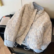 Blue Printed Stand Up Collar Cotton Jacket For Women's Winter 2024 New Casual Loose Korean Version Sweet Warm Cotton Jacket